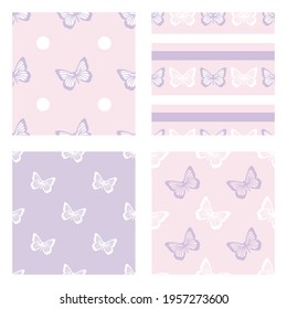 Cute vector butterfly pattern pack, repeat pattern set, pink and purple butterflies girly pattern. Cute pastel vector pattern set with butterflies, four patterns.