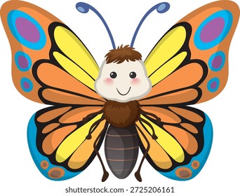 Cute vector butterfly with vibrant orange, yellow, and blue wings, front view, cartoon style