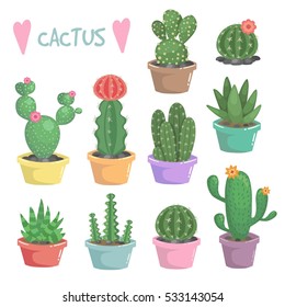 Cute vector cactuses in pots illustration. 
