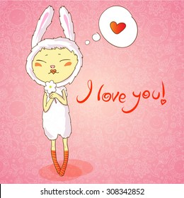 Cute vector cad I Love You with lovely bunny. Kids illustration, romantic background.