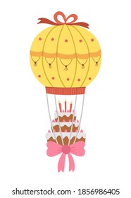 Cute Vector Cake With Candles Flying On Colored Hot Air Balloon With Pink Bow. Funny Birthday Dessert Clipart For Card, Poster, Print Design. Bright Holiday Illustration For Kids