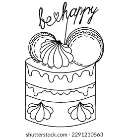 Cute vector cake for coloring book or page. Vector dessert coloring.