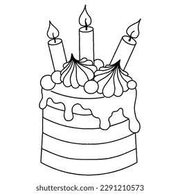 Cute vector cake for coloring book or page. Vector dessert coloring.