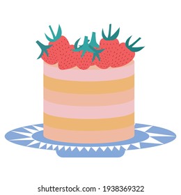 Cute vector cake hand drawn in doodle style decorated with strawberries