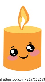 Vela de Vector linda con una cara sonriente y llama. Color naranja brillante y estilo kawaii, perfecto para diseños de otoño acogedores o decoración infantil.