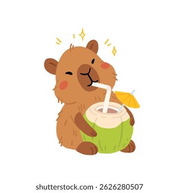 Cute vector capybara drinking a coconut cocktail sunbathing enjoying vacation. Background cartoon summer theme or tropical illustration