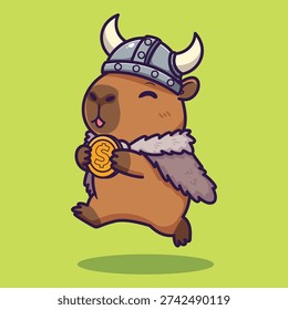 Cute Vector Capybara Viking with Coin Cartoon Animal Illustration