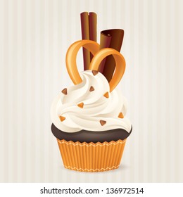 Cute vector caramel and chocolate cupcake on delicate striped background. Cupcake collection.