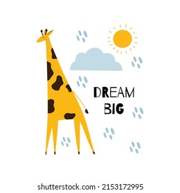 Cuidada tarjeta vectorial con jirafa africana y texto Sueño grande