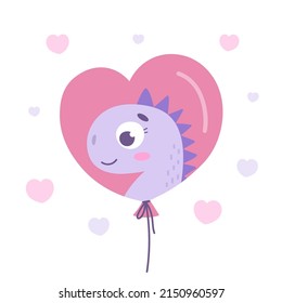 Cute vector card with balloon and dinosaur pattern in honor of Valentine's Day, designed for lover, print cards, flyers, notepads, paper