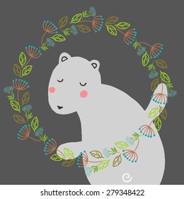 Cute vector card with a bear in a flower frame