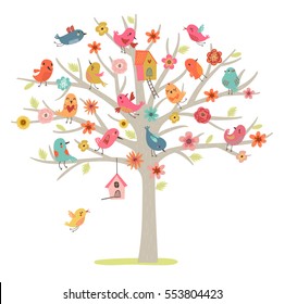 Cute Vector Card. Birds Family On A Tree.