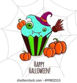 Cute vector card with bright monster cupcakes in witch hat and broom and pumpkins for Halloween.