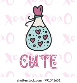 Cute vector card. Cartoon illustration with bottle with love elixir.
