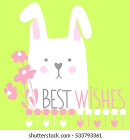 Cute vector card with cartoon rabbit, flowers and hearts. Sweet and lovely illustration with inscription "Best Wishes". Greeting card for Valentine's Day. Doodle style. Trendy design. Tender colors.