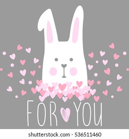 Cute vector card with cartoon rabbit, flowers and hearts. Sweet and lovely illustration with inscription "Best Wishes". Greeting card for Valentine's Day, Happy Birthday. Doodle style. Trendy design.