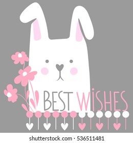 Cute vector card with cartoon rabbit, flowers and hearts. Sweet and lovely illustration with inscription "Best Wishes". Greeting card for Valentine's Day, Happy Birthday. Doodle style. Trendy design