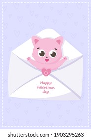 Cute vector card with a cat and hearts in honor of Valentine's Day, designed for printing postcards, flyers, notebooks, paper