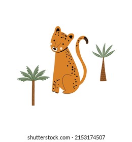 Cute vector card with cheetah and palms. 