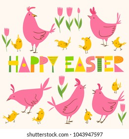 Cute vector card with chick, chickens and lettering. Easter spring poster in cartoon style