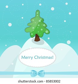 cute vector card with christmas tree decorated with bow and blue ribbon