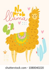 Cute vector card design with cartoon lama and cacti and lettering