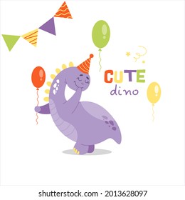 Cute vector card with Dinosaur character with lettering and holiday elements. Cute vector illustration of dino. Birthday party poster