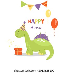 Cute vector card with Dinosaur character with lettering and holiday elements. Cute vector illustration of dino. Birthday party poster