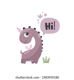 Cute vector card with Dinosaur Girl character, speech bubble, plants and graphic elements in trendy colors