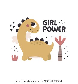 Cute vector card with Dinosaur Girl character with tag Girl Power and graphic elements in trendy boho colors