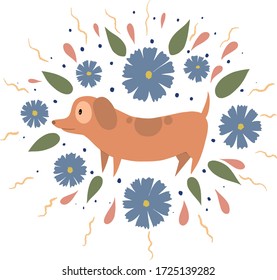 Cute vector card with dog, flowers and leaves 