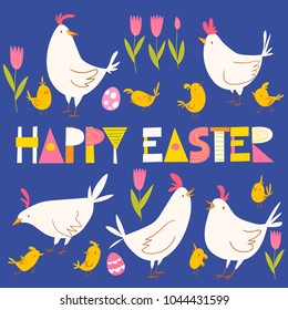Cute vector card with easter chickens and happy Easter lettering. Easter spring poster in cartoon style