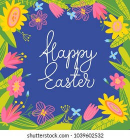 Cute vector card with easter symbols and lettering. Eater spring poster in cartoon style