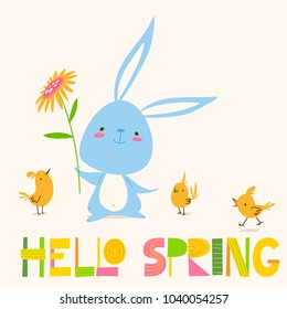 Cute vector card with easter symbols and Hello Spring  lettering. Eater spring poster in cartoon style. Easter card with bunny and chickens. 