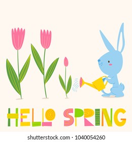 Cute vector card with easter symbols and Hello Spring lettering. Eater spring poster in cartoon style