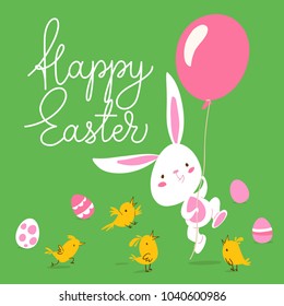 Cute vector card with easter symbols and Happy Easter lettering. Easter spring poster in cartoon style
