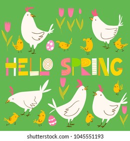 Cute vector card with easter symbols and Hello Spring lettering. Easter spring poster in cartoon style