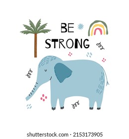 Tarjeta vectorial con elefante y palmera. El texto es fuerte