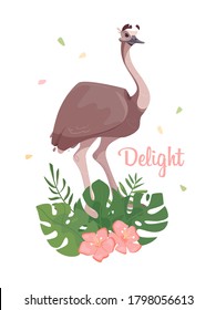 Cute vector card Emu. Australian ostrich on palm leaves, in flowers. Lettering and illustration in cartoon style.