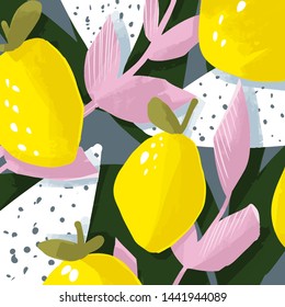 Cute vector card with floral and fruit design. Lemon and leaves. Abstract design. Posters on modern style. Printable cards. Hand Drawn pattern.