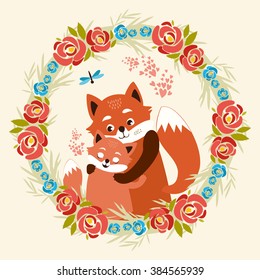 cute vector card with foxes, i love you, mother and child, mothers day. in a wreath of flowers