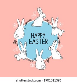 Cute vector card with a frame made of silhouettes of bunnies, butterflies and twigs on a pink and blue background. Kawaii easter doodle illustration in pastel colors