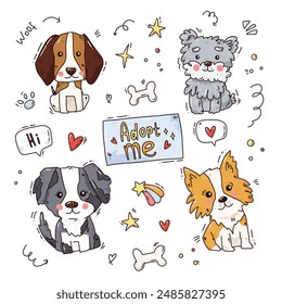 cute vector card with fun dogs. adopt a dogs. colorful illustration.