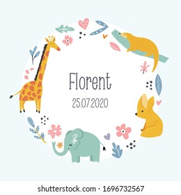 Cute vector card with funny animals. Decorative wreath for birthday invitations, baby shower, greetings