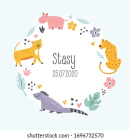Cute vector card with funny animals. Decorative wreath for birthday invitations, baby shower, greetings