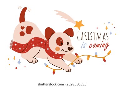 Cute vector card of a funny dog ​​running after a Christmas garland in a red scarf with snowflakes. Flat vector illustration isolated on white background. Let it snow typography. New year lettering. 