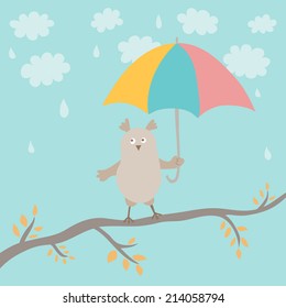 Cute vector card. Funny owl on the branch under umbrella. Can be used for celebration card, invitation, children poster.