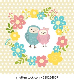 Cute vector card with funny owls and floral wreath. Can be used for celebration postcard, wedding invitation, etc.