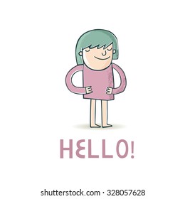 Cute vector card with girl in love. Hello illustration vector template.