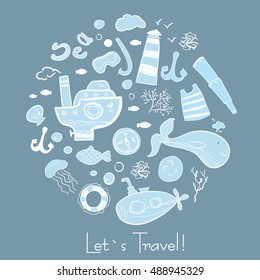 Cute vector card with hand drawn nautical icons.Clip art for design.